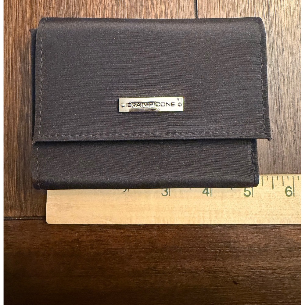 Evan-Picone Womens Trifold Wallet Black Satin Fabric Silver Logo Snap Closure